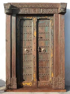 85" Large Old Traditional Wood Door With Frame And Iron Knock