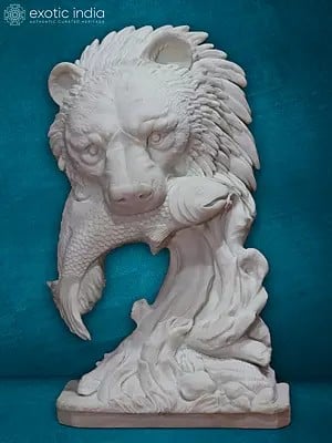 27" Marble Bear Face With Fish | Handcraft Showpiece