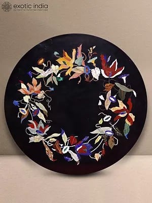 36" Round Black Flower Pattern Marble Table Top | Kadppa Black Marble