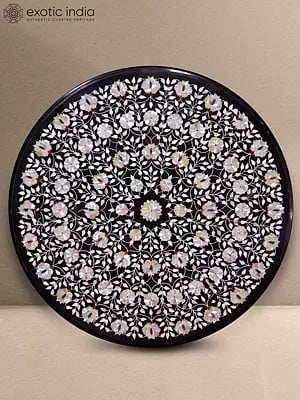 29" White Flower Design Black Marble Inlay Table Top | Kadppa Black Marble