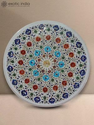 24" Unique White Marble Inlay For Round Dining Table | White Makrana Marble