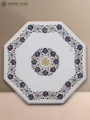 26" Octagon Shape White Marble Inlay Table Top For Décor | White Makrana Marble