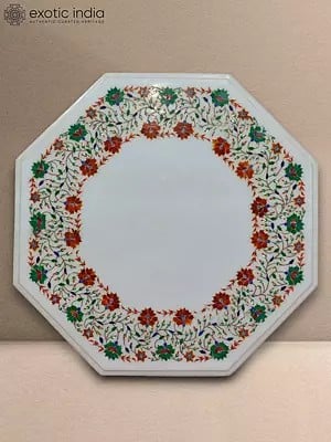 26" Round Flower Design Inlay Table Top For Dining Table | White Makrana Marble