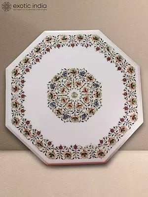 32" Octagon Indian Makrana White Marble Inlay Table Top | White Makrana Marble