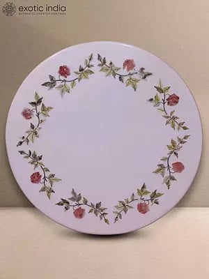 36" Round Marble Inlay Table Top With Corner Flower Design | White Makrana Marble