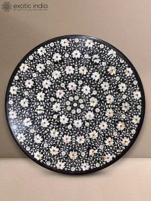  35" Indian Traditional Decorative Designer Inlay Table Top Plate | Kadppa Black Marble