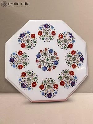 26" White Octagonal Marble Flower Design Table Top | White Makrana Marble
