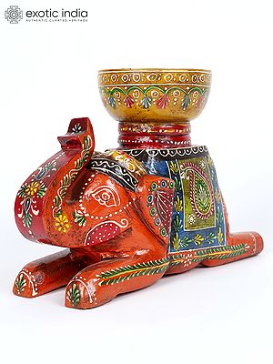 10" Hand-Painted Sitting Wooden Elephant with Bowl | Home Decor