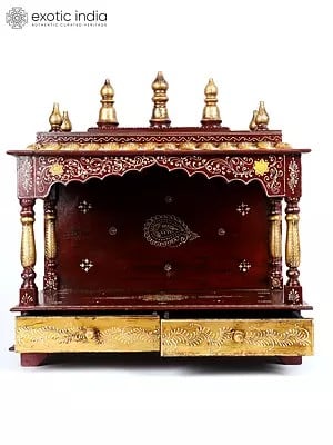 23" Hand-Painted Designer Wooden Puja Temple with Double Drawers
