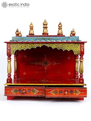 23" Hand-Painted Designer Wooden Puja Temple with Double Drawers