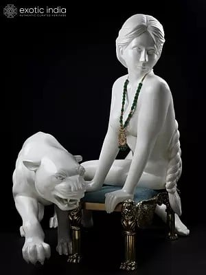 33" Large Beautiful Lady Wearing Necklace Seated on Pedestal with Tiger | Home Decor | Modern Art