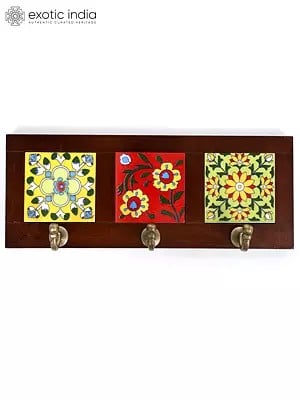 12" Floral Design Ceramic Tile Triple Wall Hooks