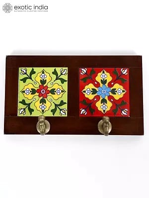 8" Red and Yellow Tile Floral Design Wall Hooks