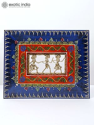 10" Hand-Painted Wood Framed Tribal Figures in Brass | Wall Hanging