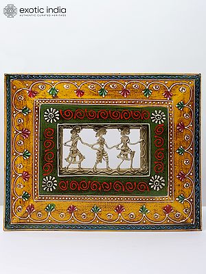 10" Hand-Painted Wood Framed Tribal Figures in Brass | Wall Hanging