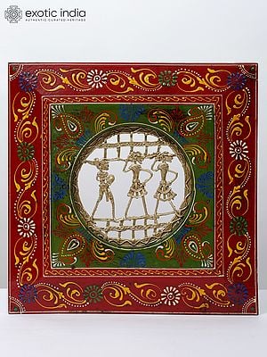 11" Hand-Painted Wood Framed Tribal Dance Trio in Brass | Wall Hanging