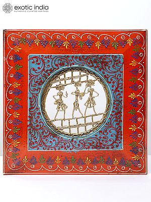 11" Hand-Painted Wood Framed Tribal Dance Trio in Brass | Wall Hanging
