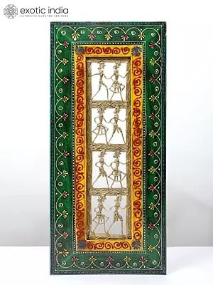 20" Rectangular Shaped Dancing Tribal Couples in Brass | Wood Framed | Wall Hanging