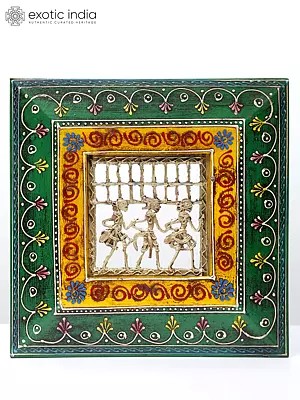 9" Square Shaped Wood Framed Warli Art in Brass | Wall Hanging