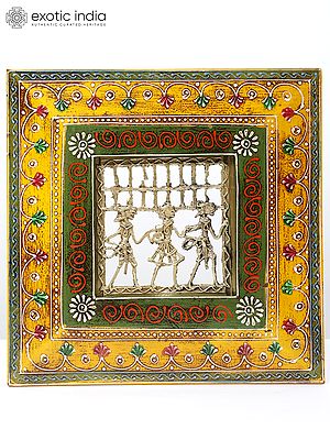 9" Hand-Painted Wood Framed Warli Art in Brass | Wall Hanging
