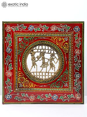 11" Square Shaped Warli Art Frame | Wall Hanging | Wood and Brass