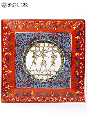 11" Square Shaped Warli Art Frame | Wall Hanging | Wood and Brass