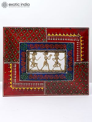 10" Hand-Painted Wood Framed Tribal Art in Brass | Wall Hanging