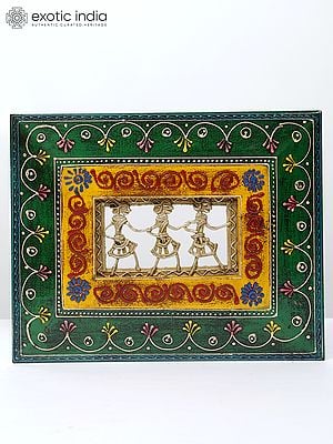 10" Wood Framed Warli Art in Brass | Wall Hanging