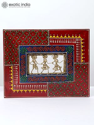 10" Wood Framed Warli Art in Brass | Wall Hanging