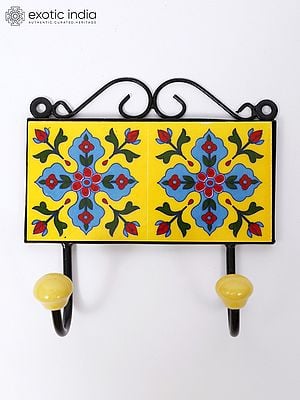 6" Floral Design Double Ceramic Tile Wall Hooks
