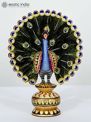 8" Colorful Peacock Figure in Wood | Table Decor