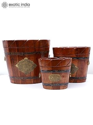 11" Set of Three Designer Wooden Planters | Made In India