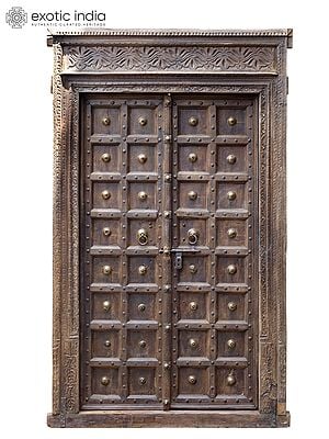 100" Large Square Design Vintage Indian Door with Brass Work
