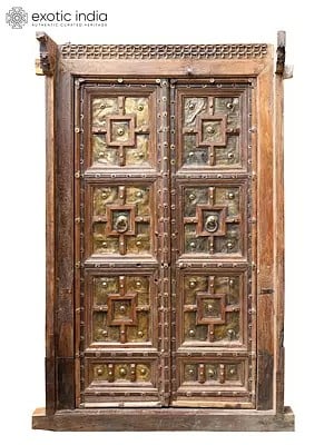 88" Large Vintage Indian Door with Brass and Iron Work | Home Temple Decor
