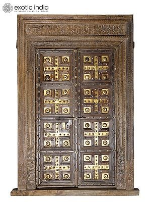 98" Large Rajasthani Vintage Door with Brass Work | Home Temple Decor