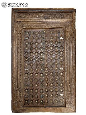 96" Large Vintage Door with Brass Work from Rajasthan | Home Temple Decor