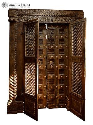 86" Large Vintage Double Door with Frame from Jodhpur | Home Temple Decor