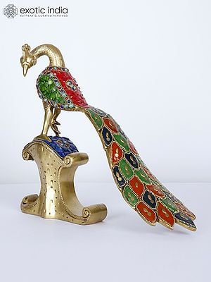 12" Beautiful Peacock with Long Tail | Brass Statue with Inlay Work