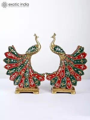 9" Beautiful Pair of Peacocks | Brass Statues with Inlay Work