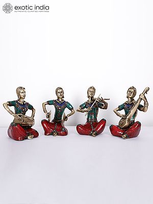8" Lady Musicians | Set of Four | Brass Statues with Inlay Work