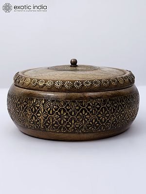 7" Designer Wooden Chapati Box with Brass Work
