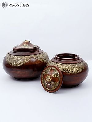 10" Designer Wooden  Bowls/Boxes with Brass Work | Set of Two