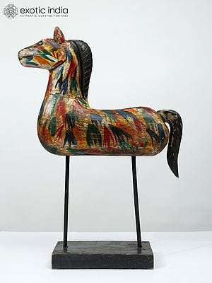 19" Colorful Wooden Horse on Stand