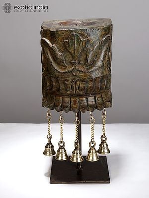 13" Wooden Designer Candle Holder with Dangling Bells in Brass