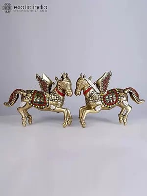 8" Pair of Two Unicorns | Brass Statues with Inaly Work | Home Decor