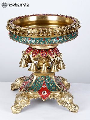 14" Designer Urli Bowl with Dangling Bells and Ghungroos | Brass with Inaly Work