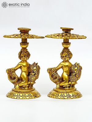 6" Brass Elegant Pair of Angels Table Showpiece Candle Holders