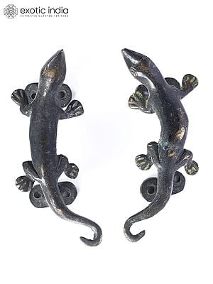 5" Lizards Design Vintage Look Door Handles Pair in Brass