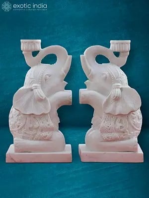 28” Pair Of Baby White Elephants | Handmade | White Makrana Marble Statue