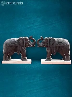 24” Pair Of Black Elephants | Rajasthan Black Marble | Handmade Statue